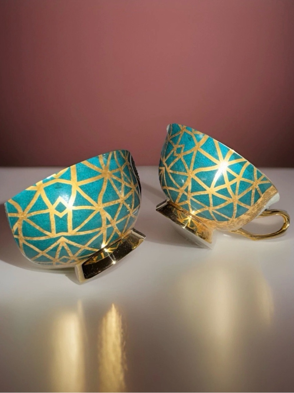 Teal and Gold Geometric Porcelain Tea Cups - Set of 2 2 plates